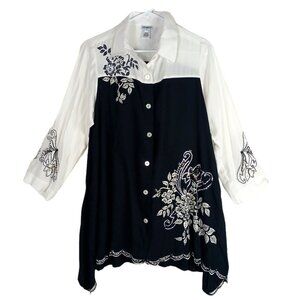 Usindo Womens Sequin Beaded Floral Tunic Shirt Small Black White Colorblock Asym